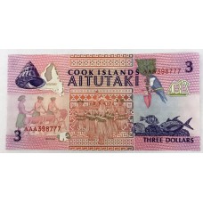 COOK ISLANDS 1992 . THREE 3 DOLLARS BANKNOTE